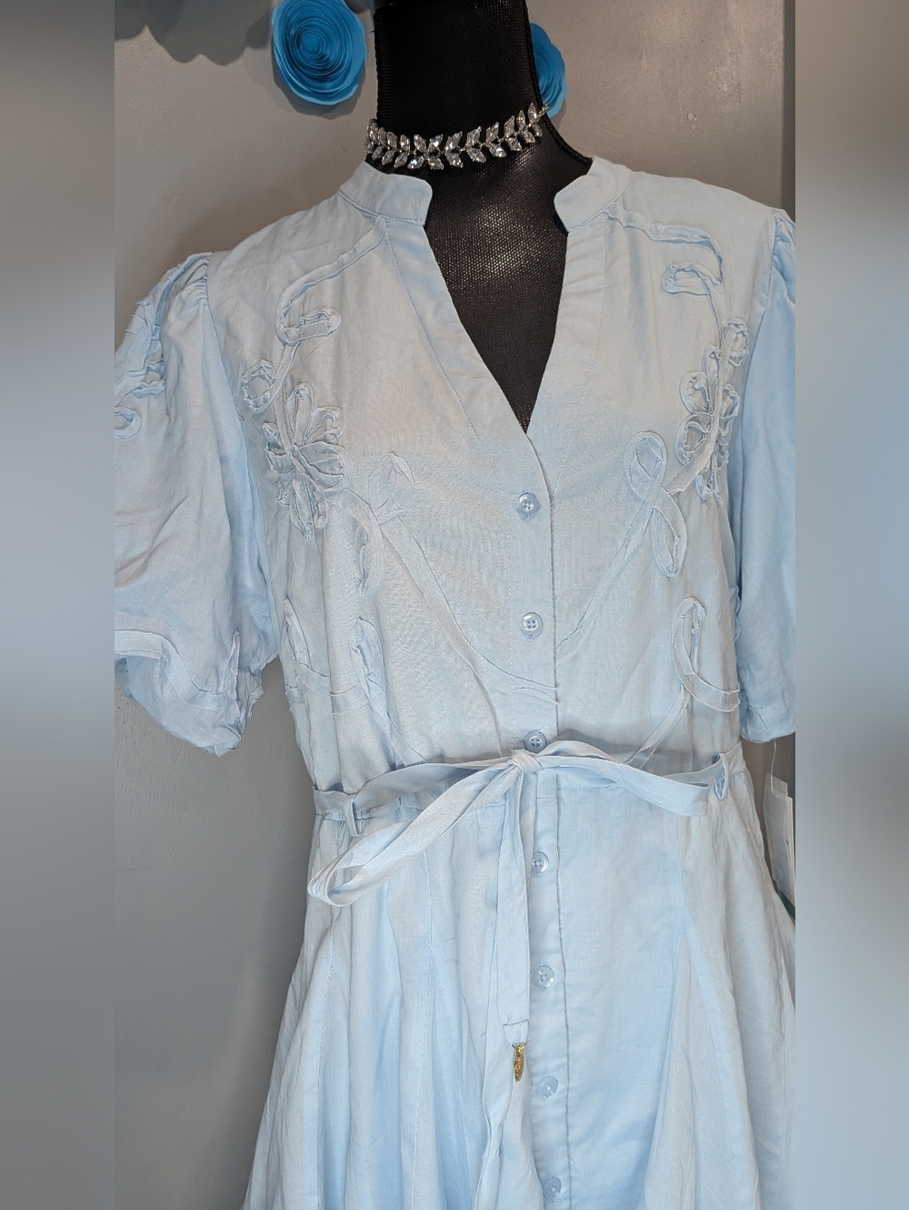 Light Blue Embroidered Puff-Sleeve Dress with Waist Tie - Picture 3 of 7